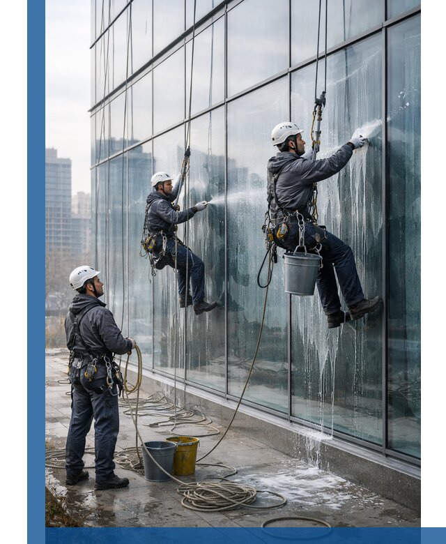 Промышленная мойка панорамных окон на высоте в Керчи