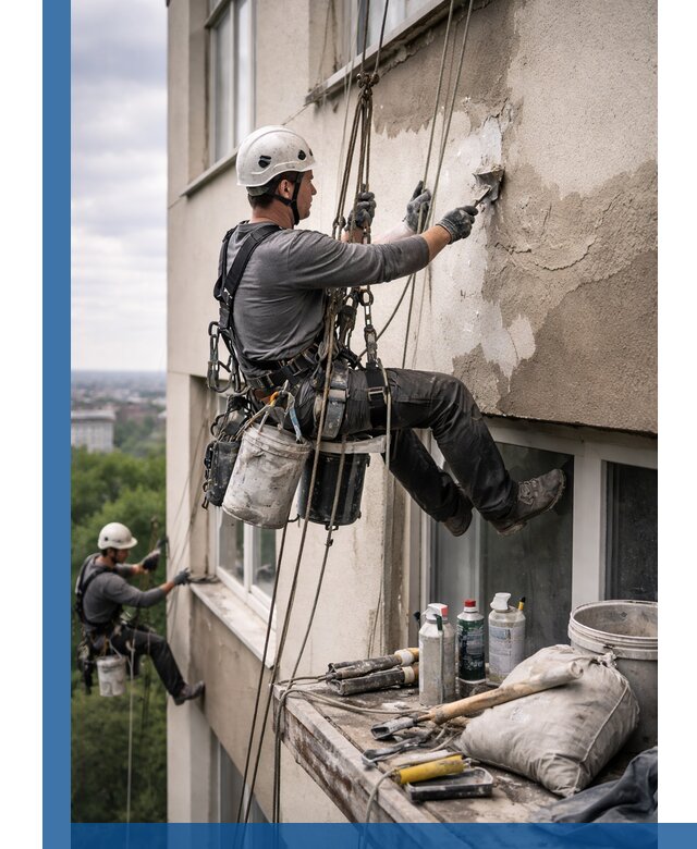 Косметический ремонт фасада зданий в Керчи промышленными альпинистами