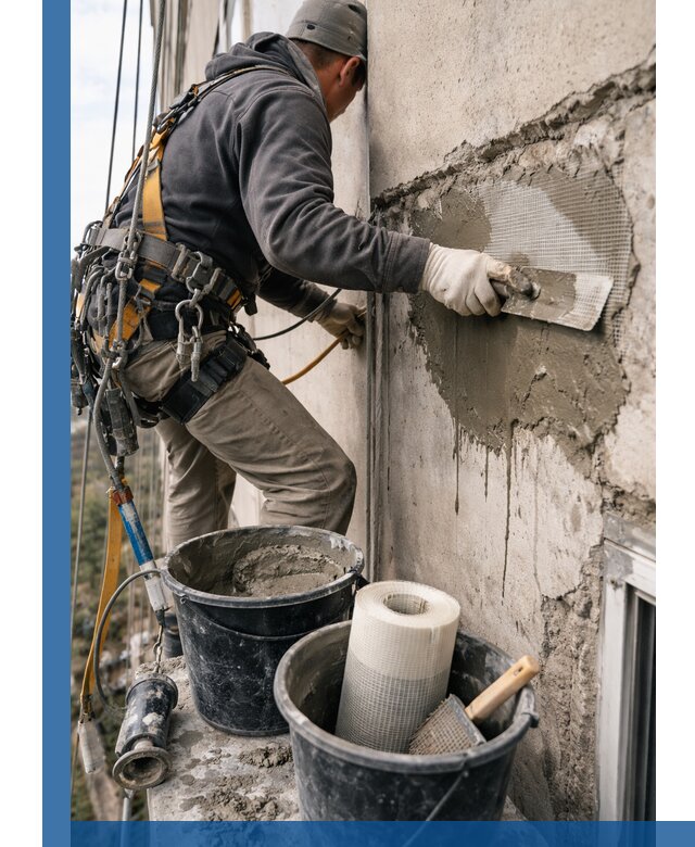 Ремонт бетонных элементов фасада промышленными альпинистами в Керчи