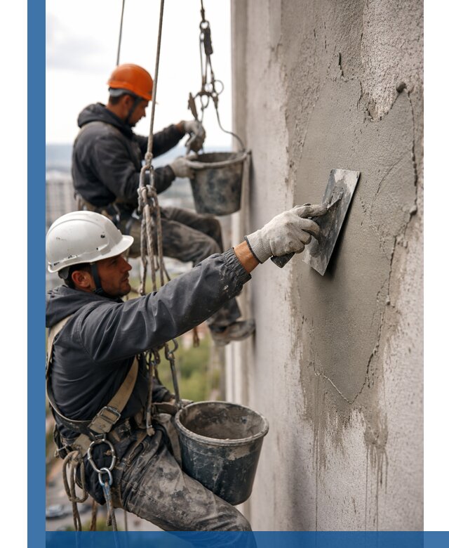 Штукатурка фасада на высоте в Керчи профессиональные работы