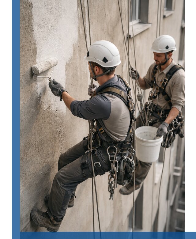 Грунтовка фасада на высоте в Керчи промышленными альпинистами