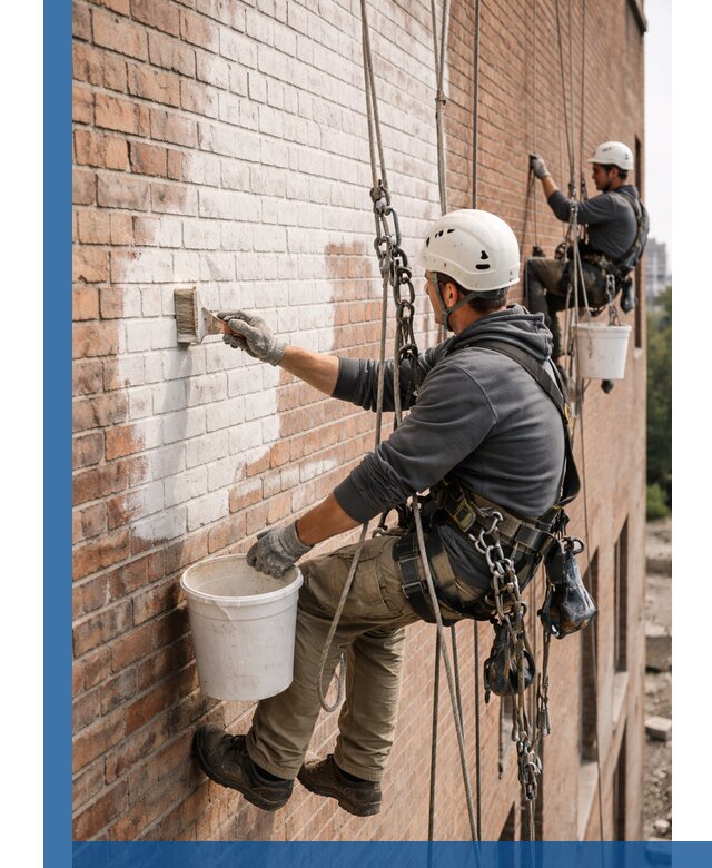 Покраска кирпичного фасада с доступным альпинистским сервисом в Керчи