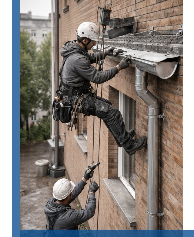 Монтаж водосточной системы на здании в Керчи под ключ