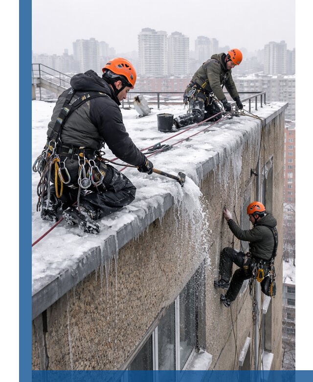 Удаление наледи с кровли в Керчи промышленными альпинистами