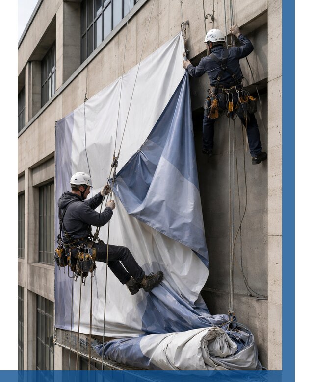 Демонтаж баннеров с фасада в Керчи от 4595 р. | ВЫСОТНИК-Крч