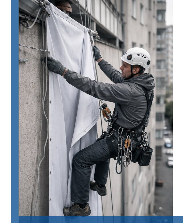Замена баннерного полотна промышленными альпинистами в Керчи