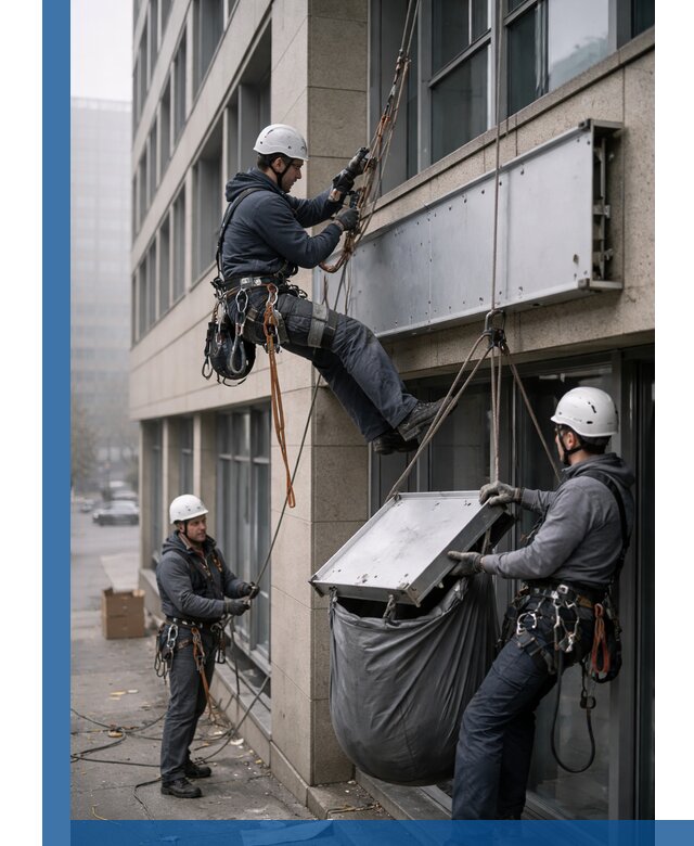 Демонтаж рекламной вывески с высотными работами в Керчи