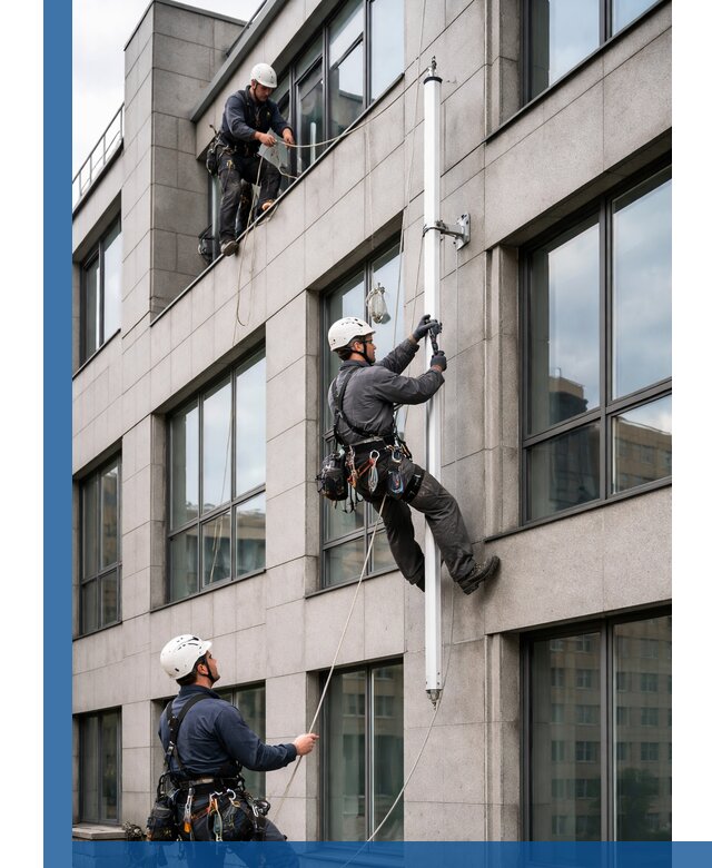 Монтаж флагштока на фасаде здания с креплением и герметикой в Керчи