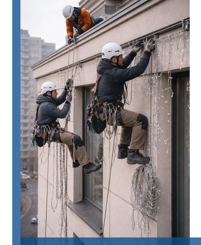 Монтаж праздничных гирлянд на фасаде в Керчи для зданий