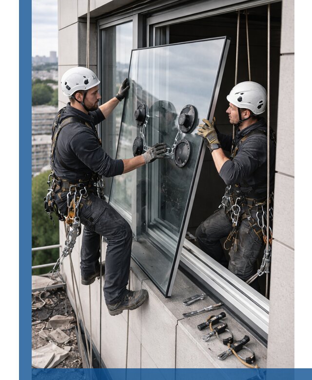 Замена стеклопакетов на высоте с промышленными альпинистами в Керчи