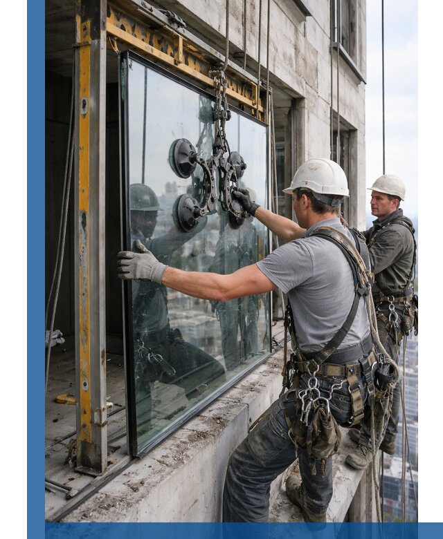 Монтаж стеклопакетов на высоте в Керчи с промышленным альпинизмом