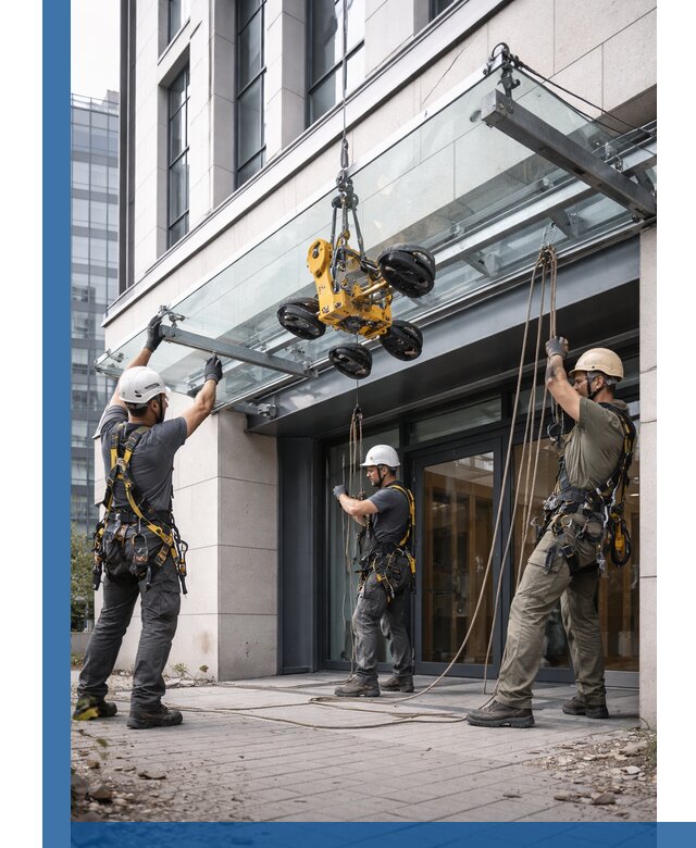 Монтаж стеклянных козырьков под ключ в Керчи для зданий