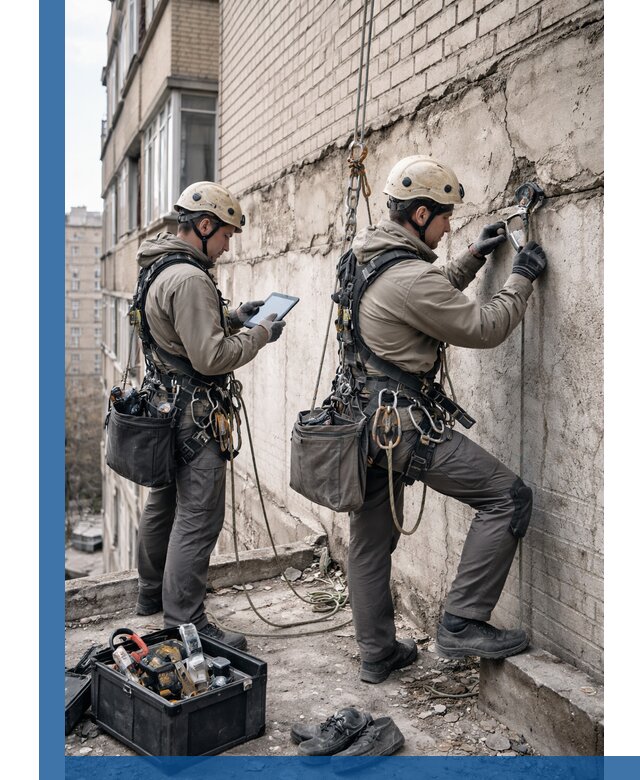 Обследование фасада промышленными альпинистами в Керчи